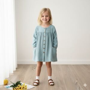 Boho Oversized Blue Tunic Puff Sleeve Button Pocket Kids Dress Youth Girl 4-5